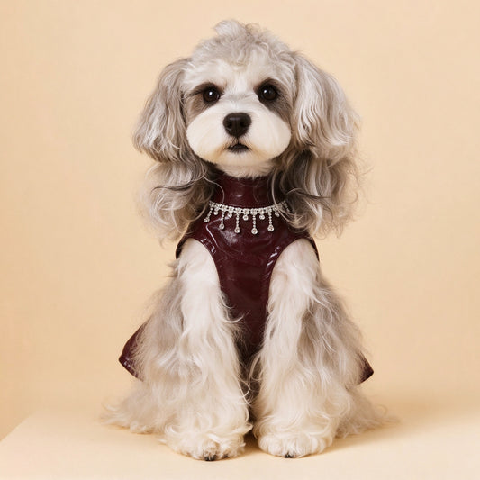 Small Dog Dress, Faux Leather Tutu with Pearl Neckline