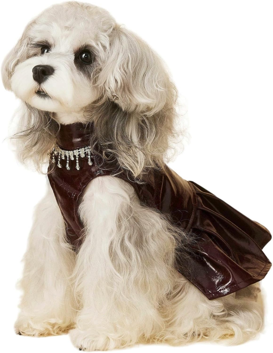 Small Dog Dress, Faux Leather Tutu with Pearl Neckline