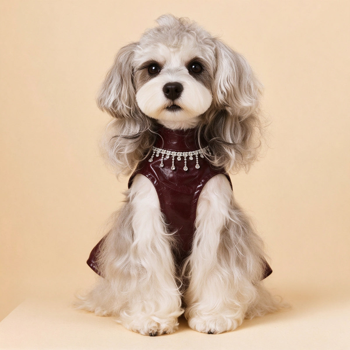 Small Dog Dress, Faux Leather Tutu with Pearl Neckline