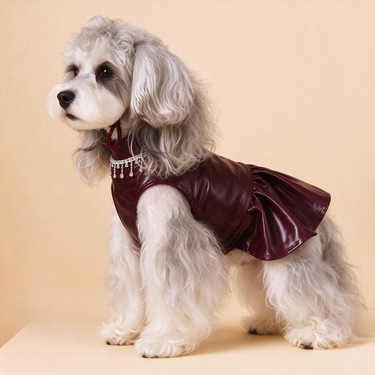 Small Dog Dress, Faux Leather Tutu with Pearl Neckline